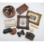 A mixed lot, to include an amboyna-veneered cigarette box, framed early portrait photography, a