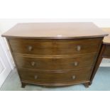 An early 20th century mahogany bow front three drawer chest on shaped bracket feet, 85cm high x