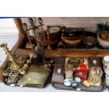 Assorted brassware including candlesticks, fire irons, wooden items including boxes etc Condition