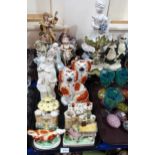 Assorted bisque and pottery figures, pair of wally dugs, cow creamer and pastille burners