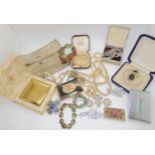 Three vintage compacts two with original boxes, a Damascene bracelet and vintage costume jewellery