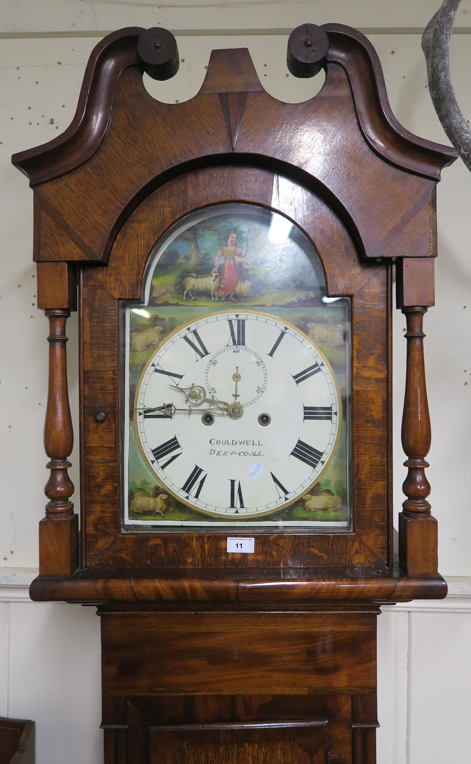 A 19th century oak cased Couldwell Deep-Coull grandfather clock with painted face depicting - Image 2 of 11