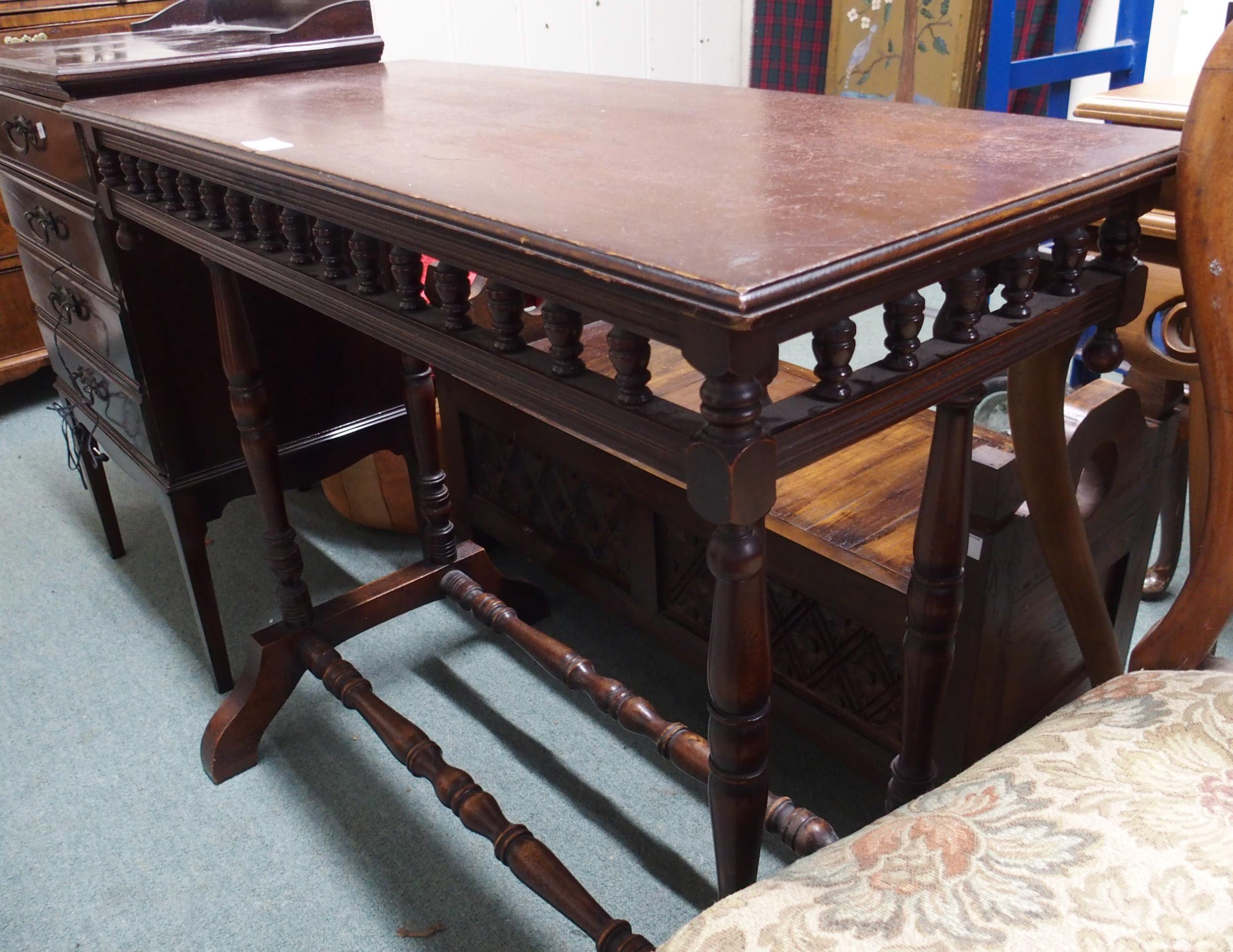 A Victorian mahogany hall table with turned supports with baluster stretchers, 74cm high x 90cm wide - Image 5 of 6