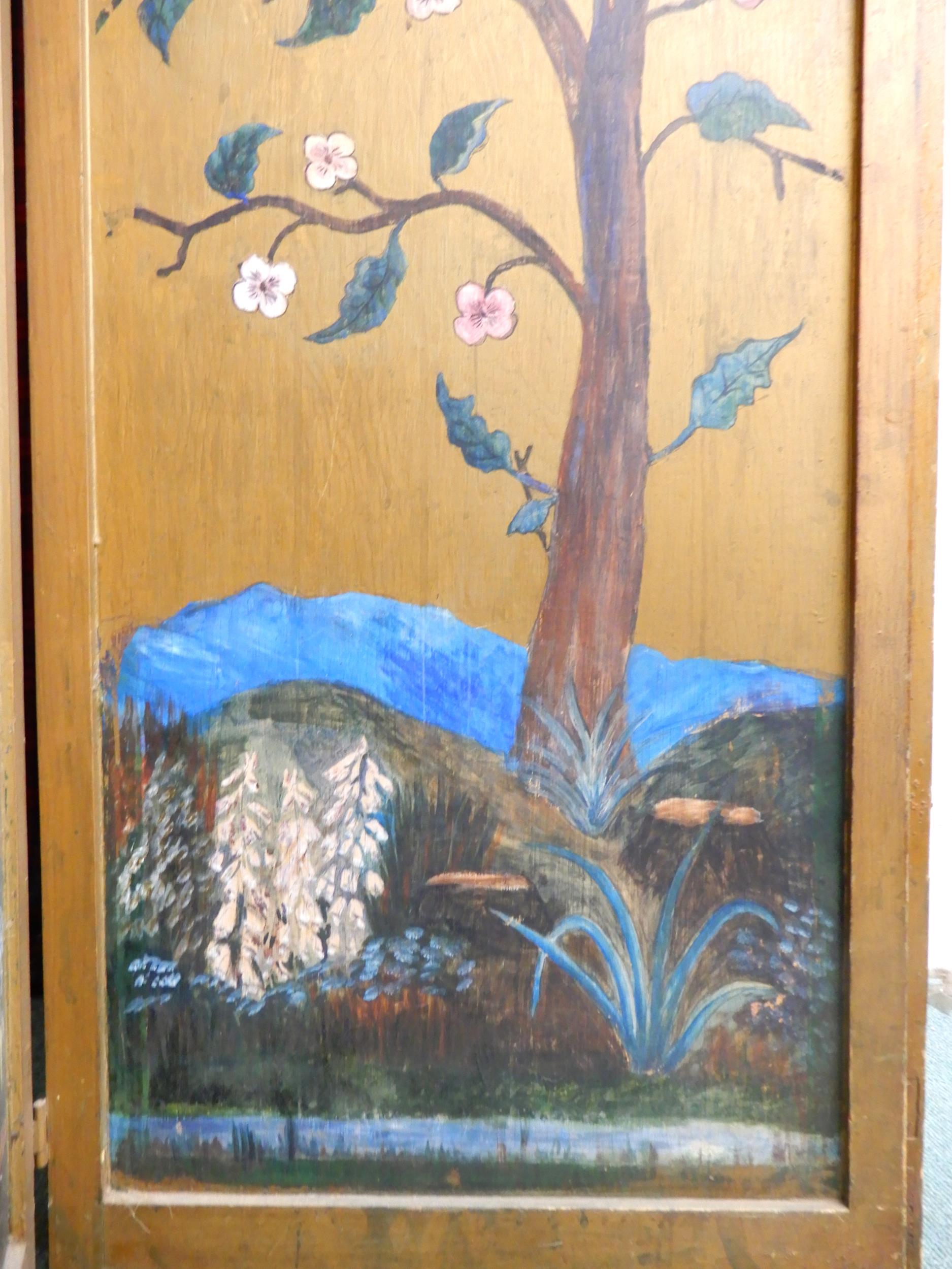A late Victorian four fold gilt painted room divider further painted with blossoming trees with - Image 3 of 5