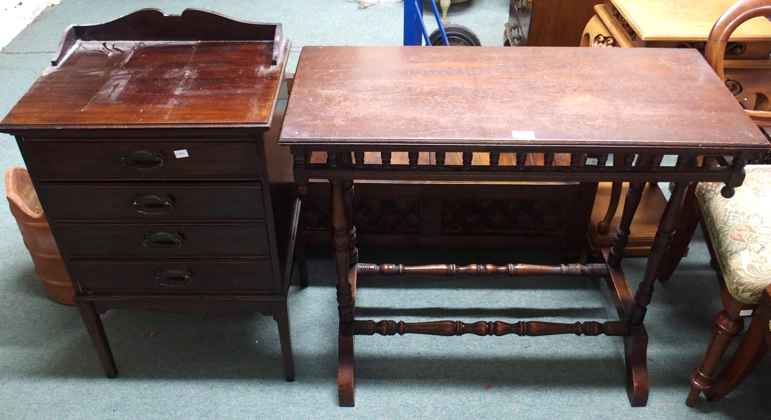 A Victorian mahogany hall table with turned supports with baluster stretchers, 74cm high x 90cm wide