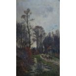 WALTER GOLDSMITH Herding sheep beside a stream, signed oil on canvas, 75 x 45cm Condition Report: