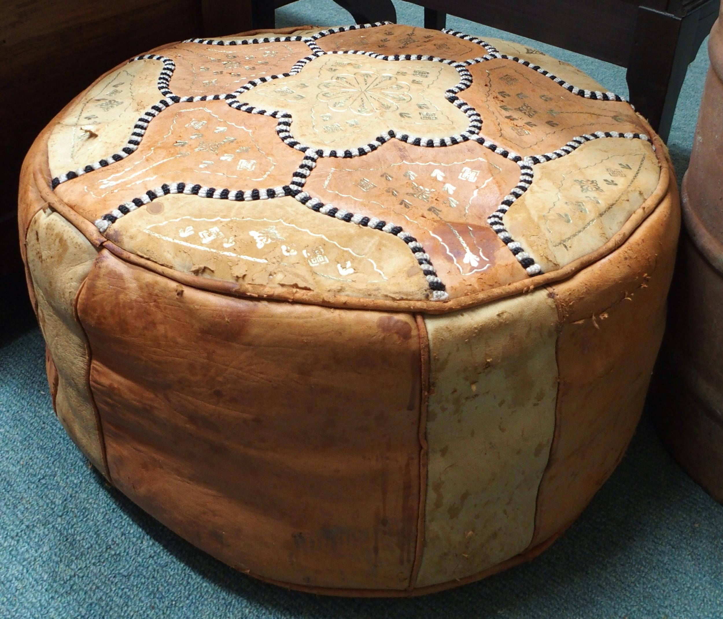 A 20th century leather upholstered poof, small footstool and a terracotta plant pot (3) Condition - Image 2 of 4