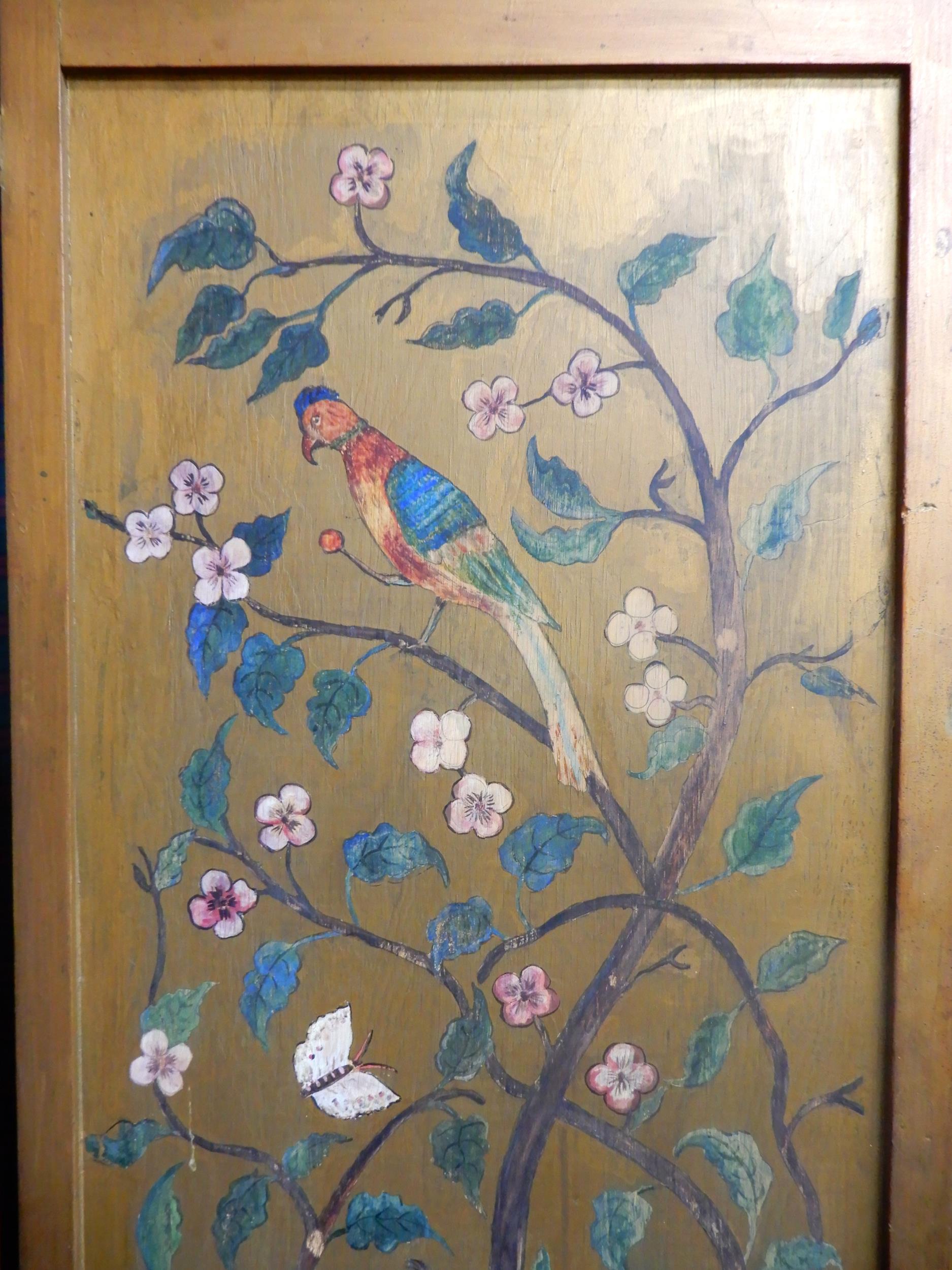 A late Victorian four fold gilt painted room divider further painted with blossoming trees with - Image 2 of 5