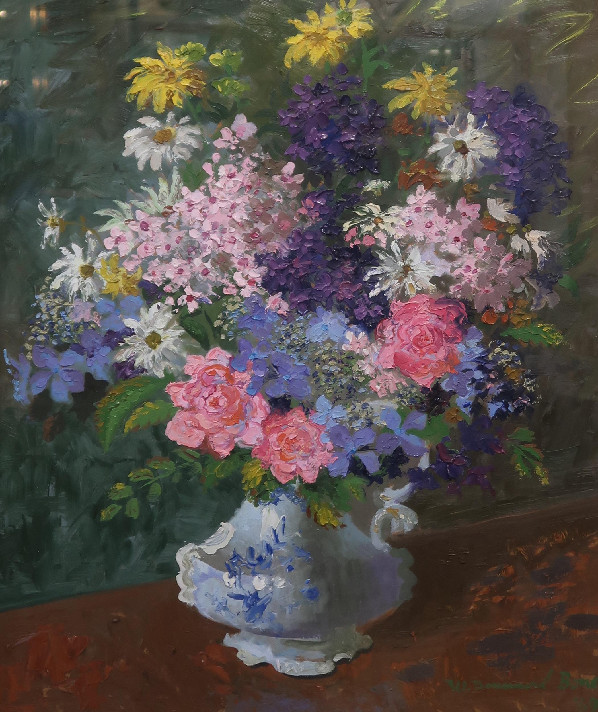 WILLIAM DRUMMOND BONE (SCOTTISH 1907-1979) STILL LIFE OF SUMMER FLOWERS IN VASE Oil on board, signed