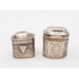 Two Dutch silver pill boxes, one of canted form with engraved floral decoration, another with