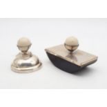 A George VI silver golf-themed inkwell and desk blotter, the tops inset with Dunlop golf balls, by