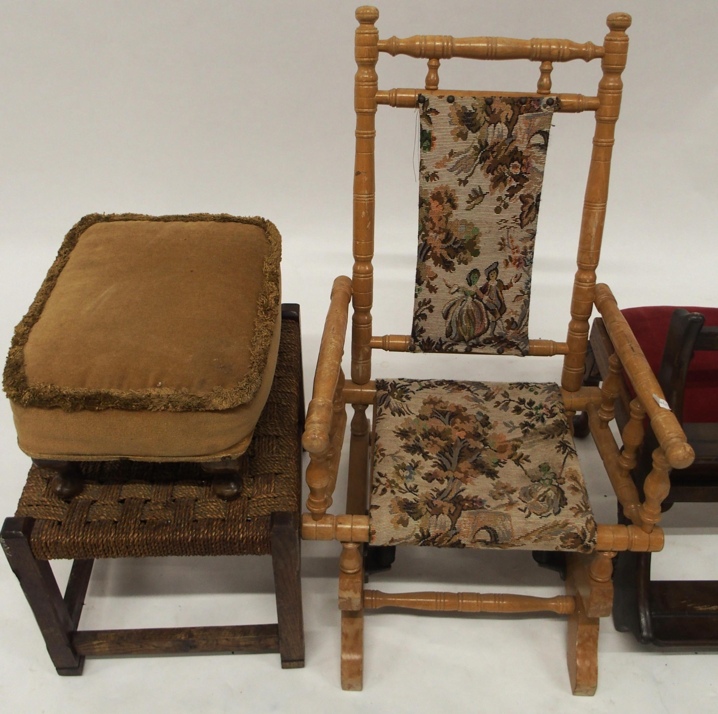 A 20th century child's American style rocking chair, two upholster footstools, a cord seated - Image 2 of 4