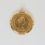 A 1976 full gold sovereign in a 18ct gold diamond set pendant mount, weight 11.1gms Condition