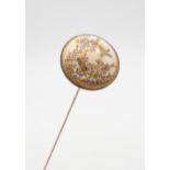 A Japanese satsuma silver mounted hat pin, the roundel decorated with birds amongst a cherry blossom