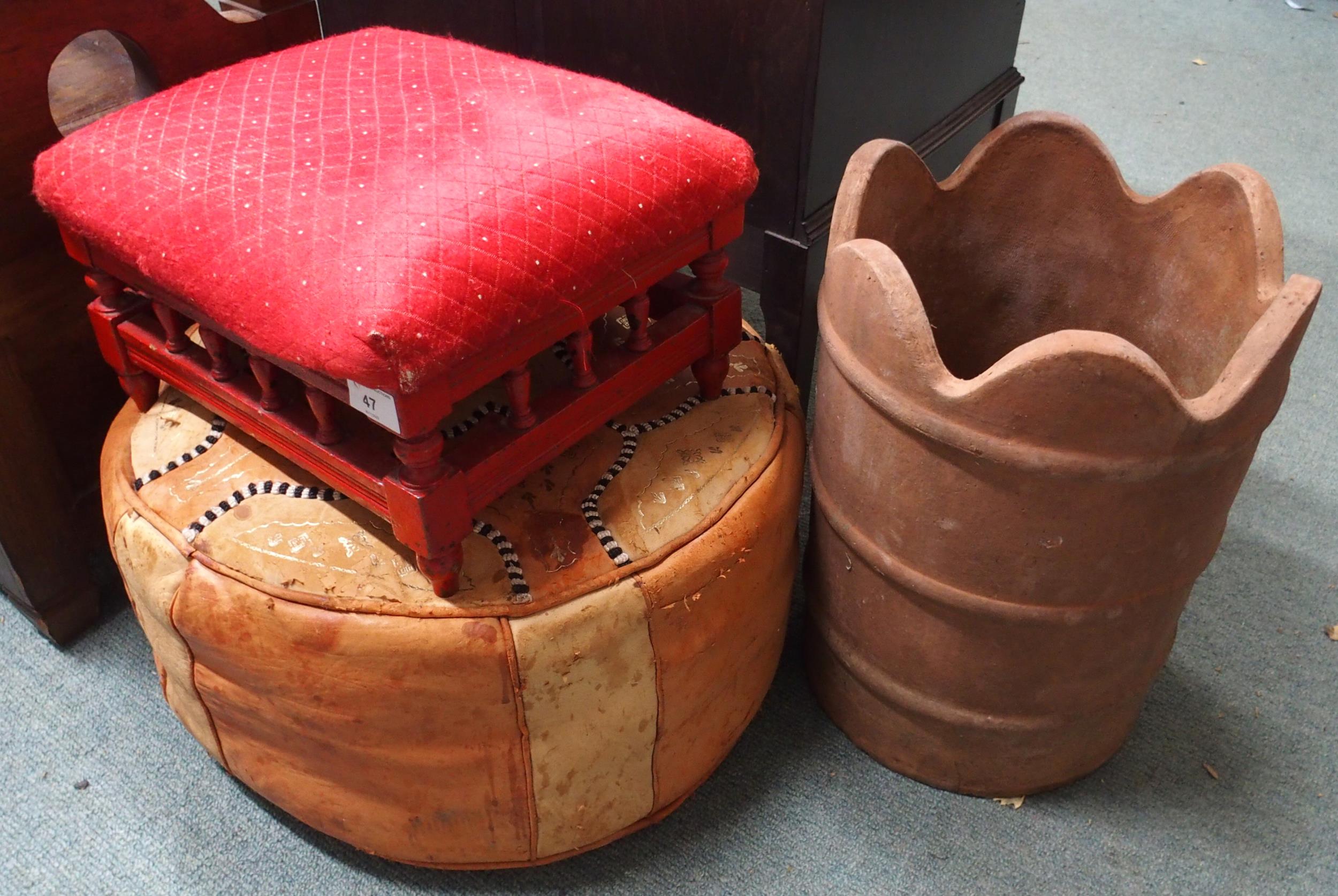 A 20th century leather upholstered poof, small footstool and a terracotta plant pot (3) Condition