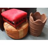 A 20th century leather upholstered poof, small footstool and a terracotta plant pot (3) Condition