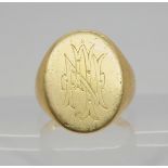 An 18ct gold signet ring , hallmarked Chester 1910, size R, weight 14.2gms  Condition Report: