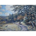 HECTOR CHALMERS Figure and dog on a country path, signed, oil on board, 25 x 33cm Condition Report: