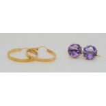 A pair of Italian made creole earrings, together with a pair of yellow metal amethyst earrings