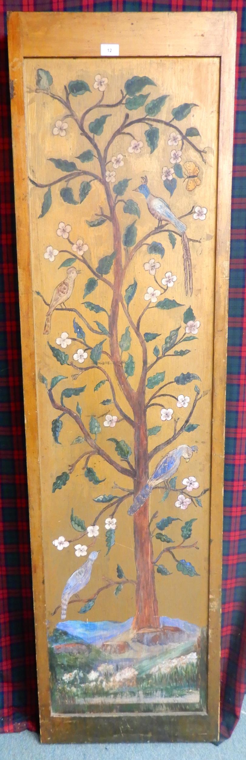 A late Victorian four fold gilt painted room divider further painted with blossoming trees with - Image 5 of 5