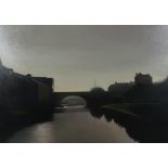 SCOTTISH SCHOOL BRIDGE AT DUSK Oil on board, 48 x 68cm Together with another drawing of a cat,