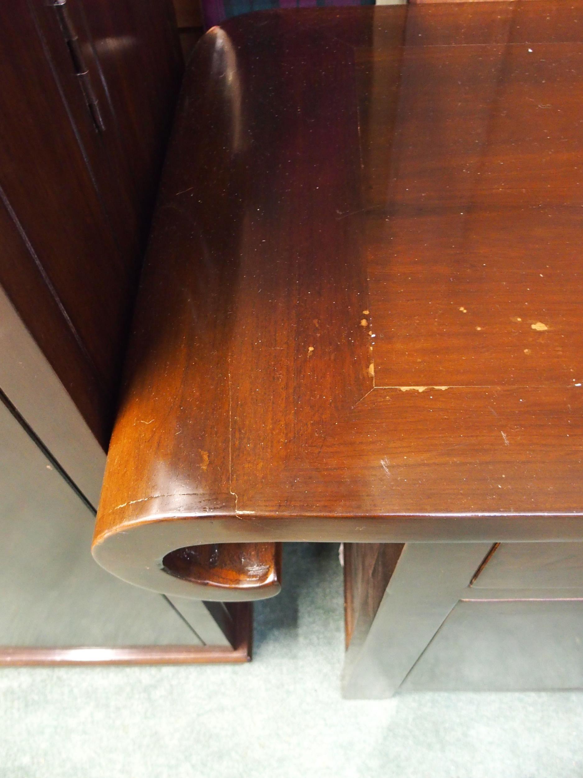 A 20th century Oriental hardwood sideboard with scroll end top over three drawers over pair of - Image 4 of 6