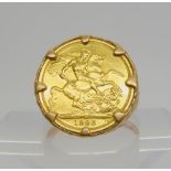 A 1968 full gold sovereign, in a 9ct gold bark textured ring mount, size Z1/2, weight 14.8gms