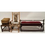 A 20th century child's American style rocking chair, two upholster footstools, a cord seated