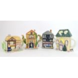 A collection of 4 novelty pottery teapots depicting 4 various cottages with a village shop theme