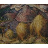 ATTRIBUTED TO MILLIE FROOD (SCOTTISH 1900-1988) HAY BALES  Oil on board, 45 x 55cm  Painted verso