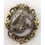 A Victorian memorial hair art brooch. The scrolling yellow metal pendant brooch, has a locket to