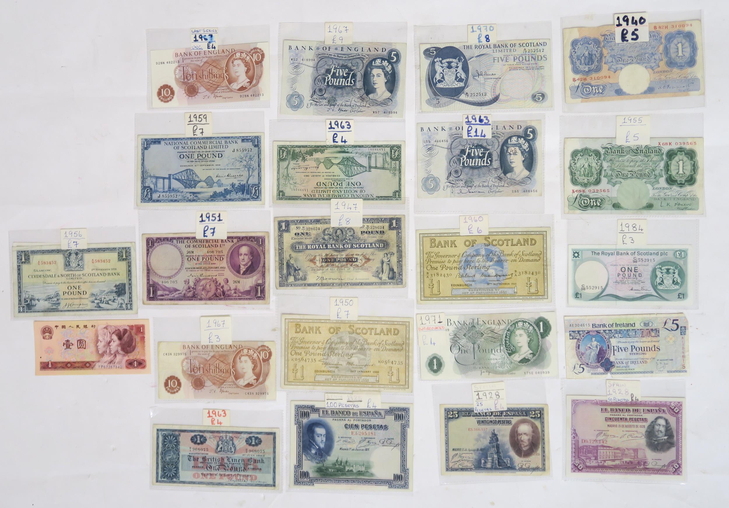 A collection of primarily Scottish and English banknotes, includes Commercial Bank of Scotland,