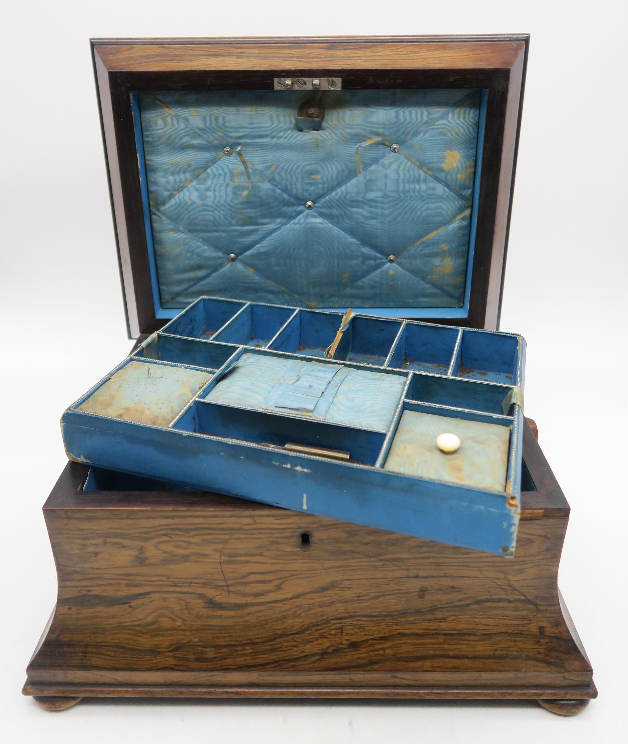 A large Victorian rosewood sarcophagus-form jewellery casket, the hinged lid opening to reveal a - Image 2 of 2