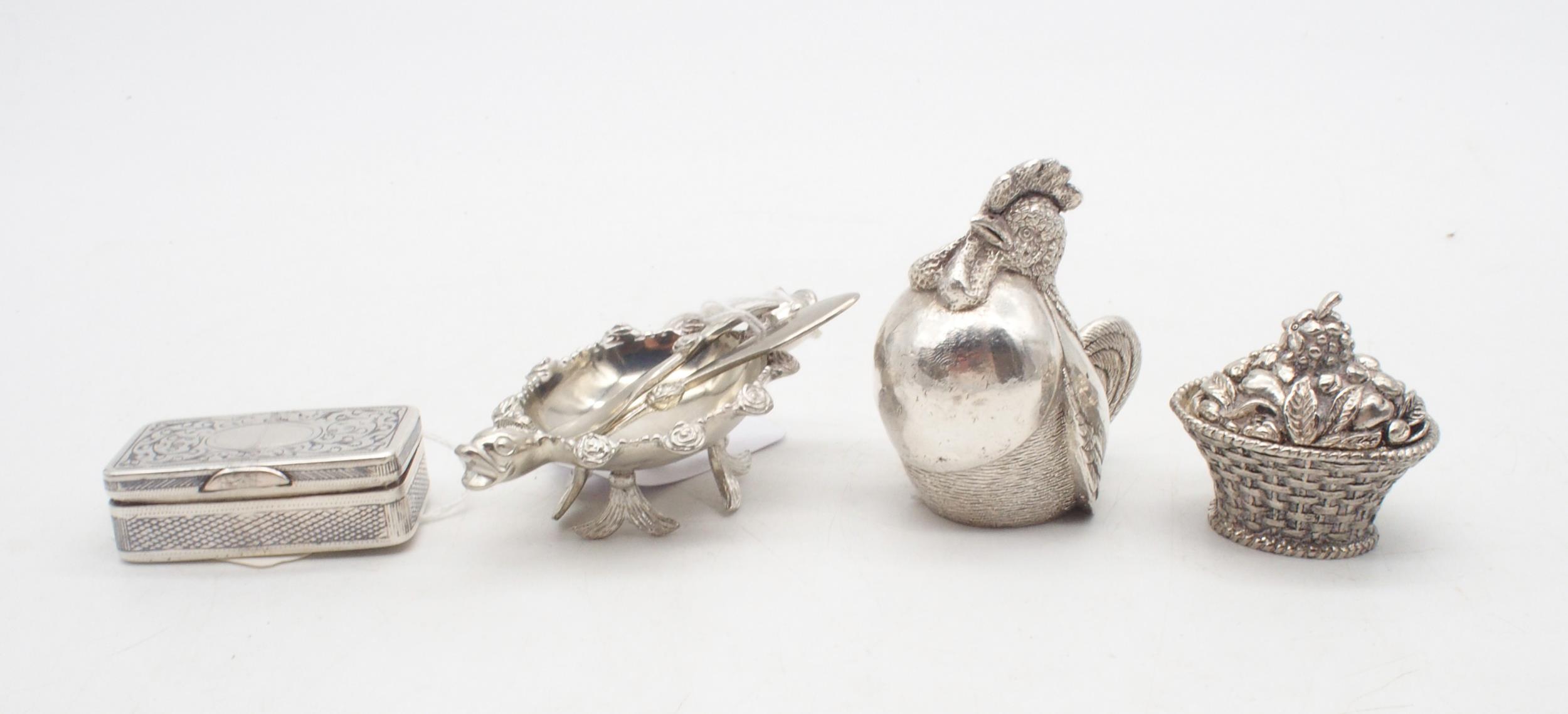 A collection of silver and plate including an Italian silver hen, by Alessandro Magrino, a silver