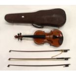 A one piece back violin 35.5cm together with three bows and a case Condition Report:Available upon