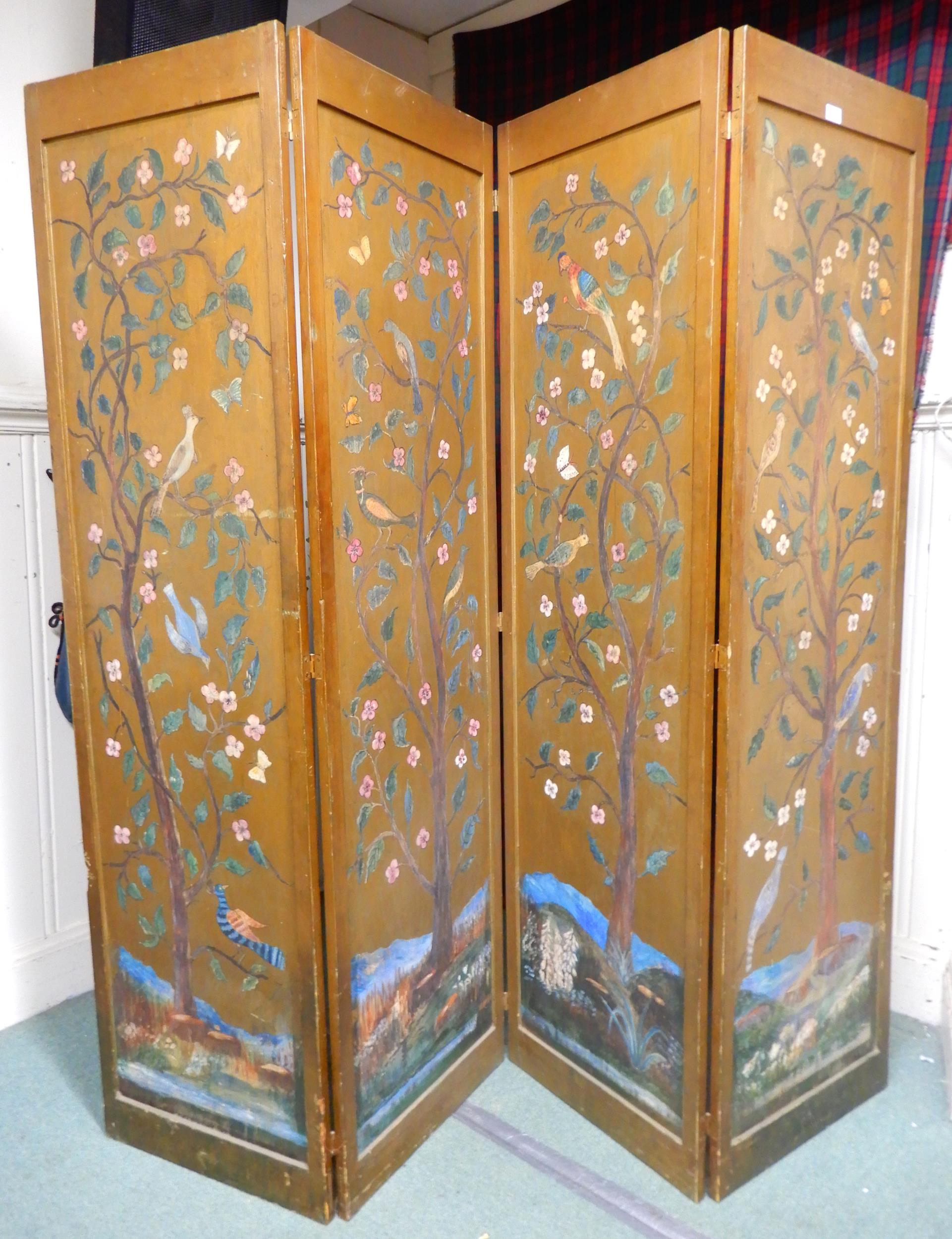 A late Victorian four fold gilt painted room divider further painted with blossoming trees with