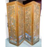 A late Victorian four fold gilt painted room divider further painted with blossoming trees with