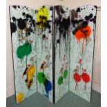 A contemporary four fold room divider upholstered in unique Timorous Beasties spray paint print of