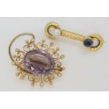 A bright yellow metal sapphire pearl and old cut diamond brooch, weight 5.1gms in original box