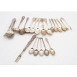 A collection of silver cutlery including a set of five Victorian provincial silver fiddle pattern