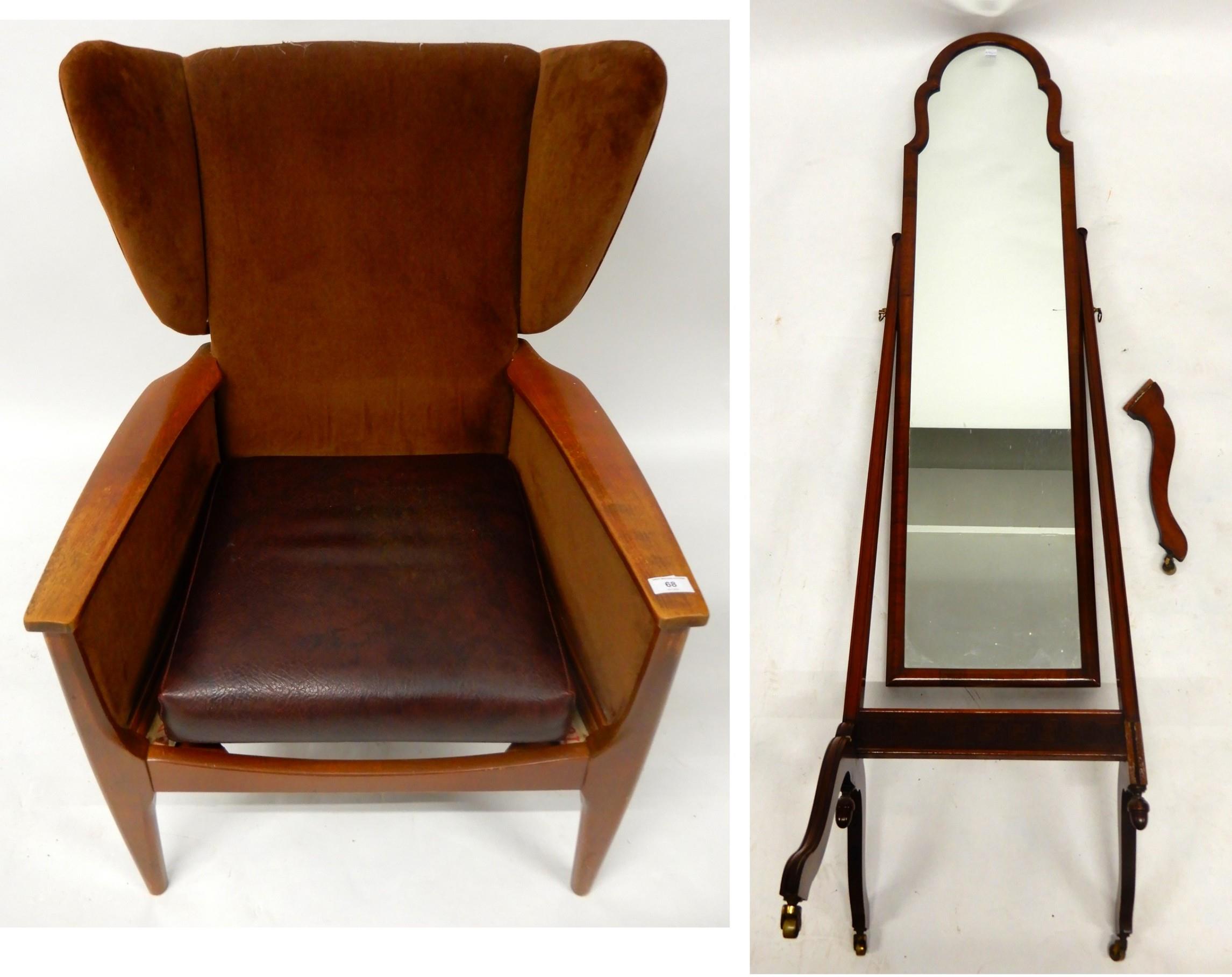 A mid 20th century stained teak framed armchair and a 20th century mahogany cheval mirror (def) (