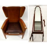 A mid 20th century stained teak framed armchair and a 20th century mahogany cheval mirror (def) (