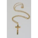 A 9ct gold crucifix and diamond cut belcher chain, cross 3.7cm x 1.7cm, chain length 47cm, weight