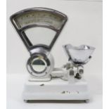 A set of vintage mid century white enamelled possibly W&T AVERY sweetie shop counter scales with