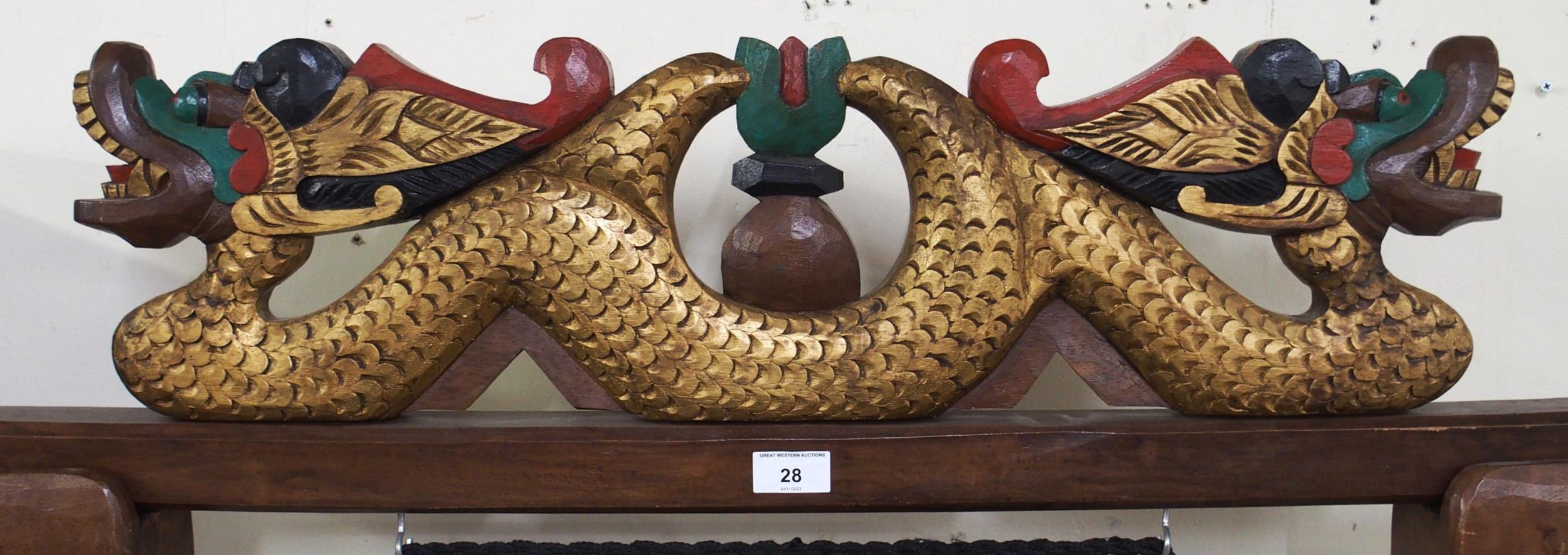 A contemporary Oriental hardwood dinner gong with carved gilt painted dragons over metal gong - Image 2 of 6