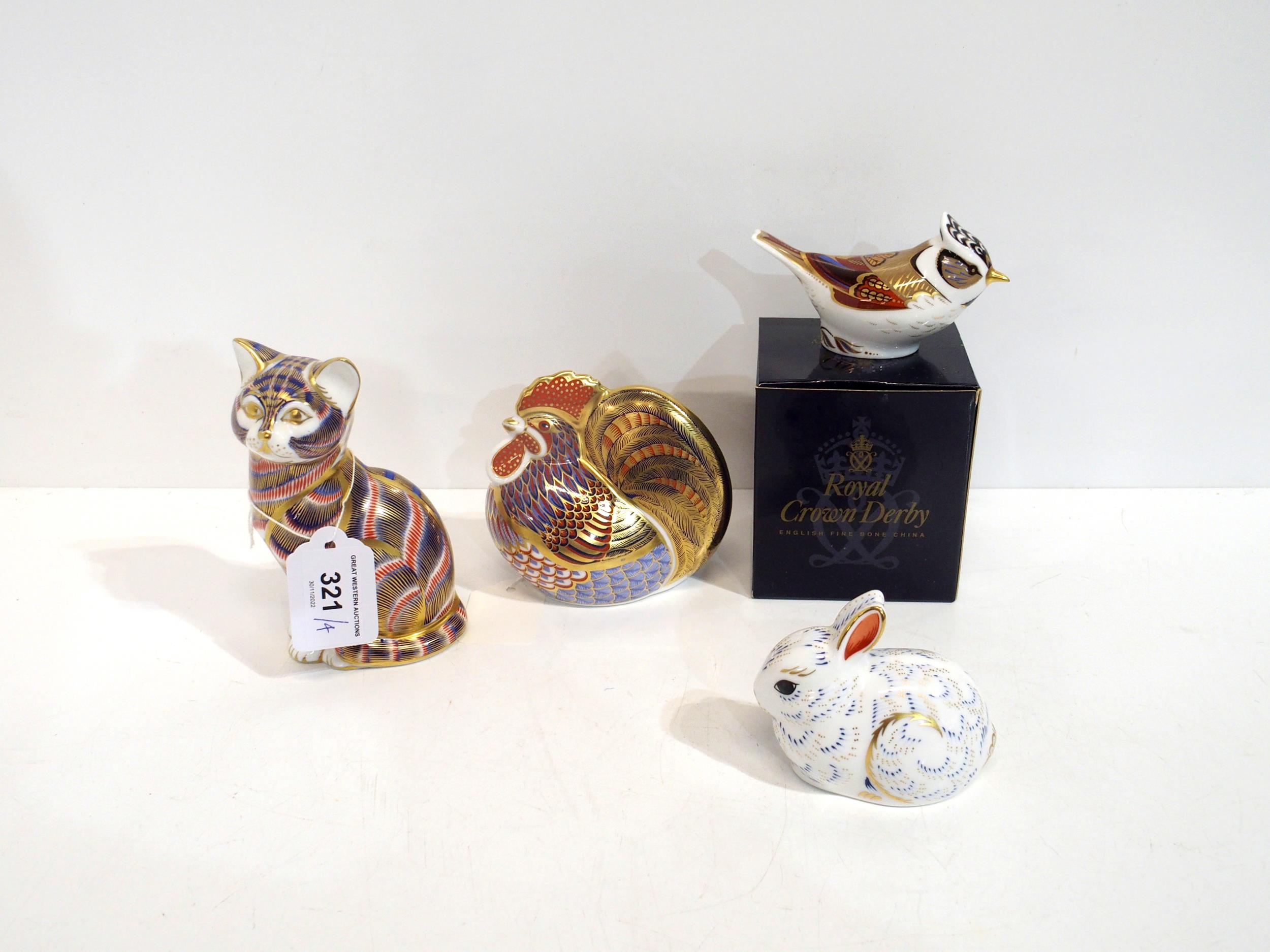 Four Royal Crown Derby paperweights including Great Crested Tit, Bunny both with gold stoppers and