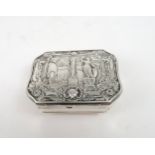 A GEORGE II SILVER SNUFF BOX of cartouche form, the hinged lid chased with a classical scene of a