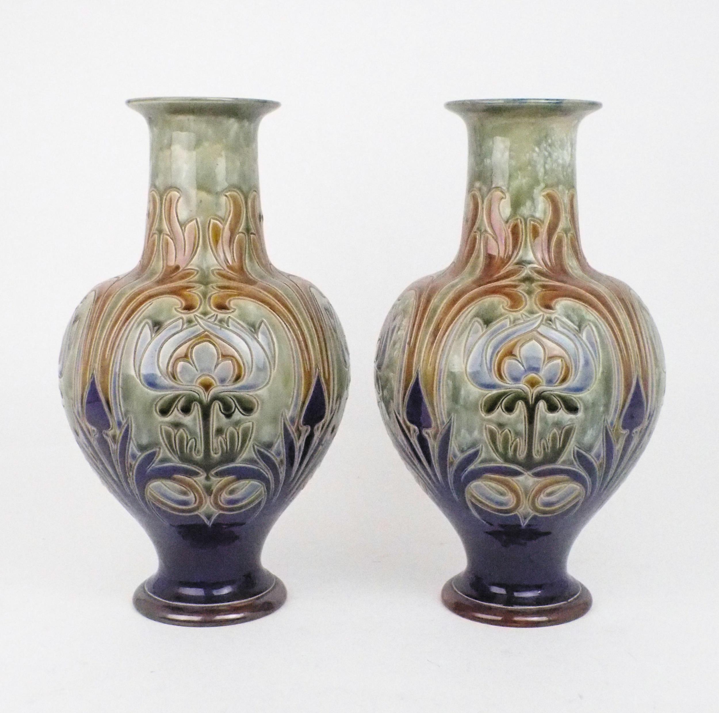 A PAIR OF ROYAL DOULTON VASES designed by Frank A Butler, of bulbous form with flaring neck - Image 2 of 6