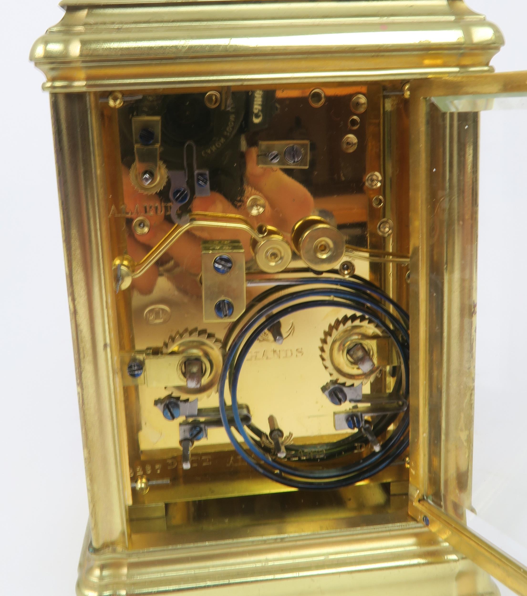 A FRENCH BRASS AND GLASS REPEATING CARRIAGE CLOCK by Drocourt for J. W. Benson, London with striking - Image 3 of 5