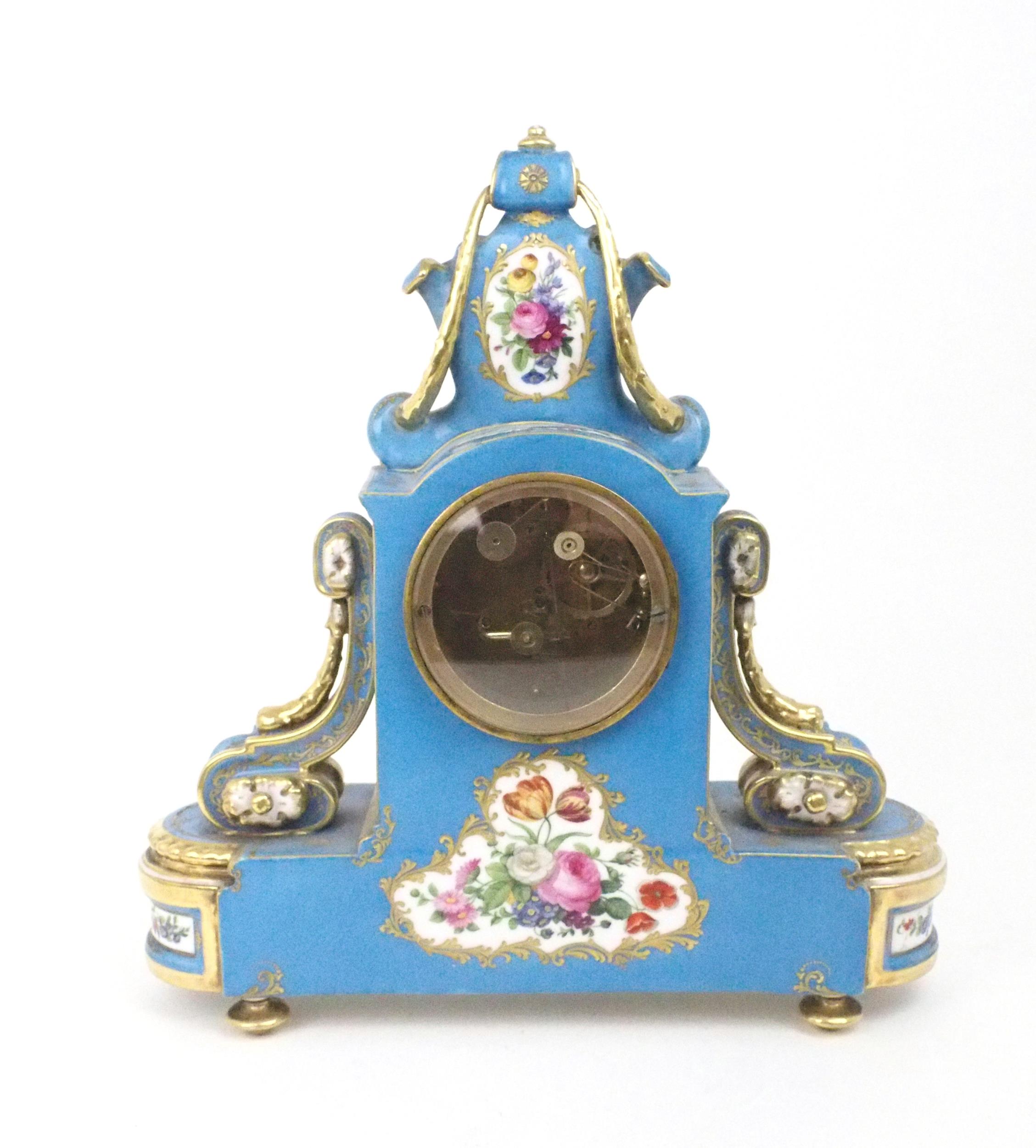 A SEVRES STYLE PORCELAIN MANTLE CLOCK the circular white enamel dial, with blue roman numerals and - Image 4 of 12